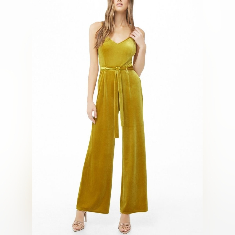 Forever 21 Jumpsuit, Size L, Velvet Belted Palazzo Jumpsuit, Color: Citron